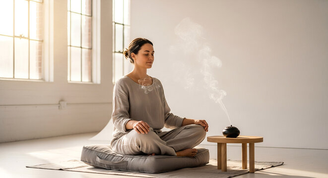 Young woman practicing mindfulness meditation on a zafu cushion in a bright sunlit studio with aromatherapy incense smoke