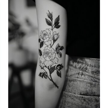 Detailed black and grey fine line tattoo on a forearm with dotwork shading, botanical and geometric elements. Modern blackwork body art for tattoo studios, portfolios and social media.