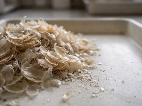 Chitin flakes from shells drying in a pale translucent heap