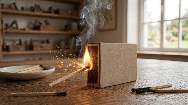 Close-up of a match striking against a cardboard matchbox, igniting a flame with sparks and smoke, set on a wooden table with scattered matches and a white plate