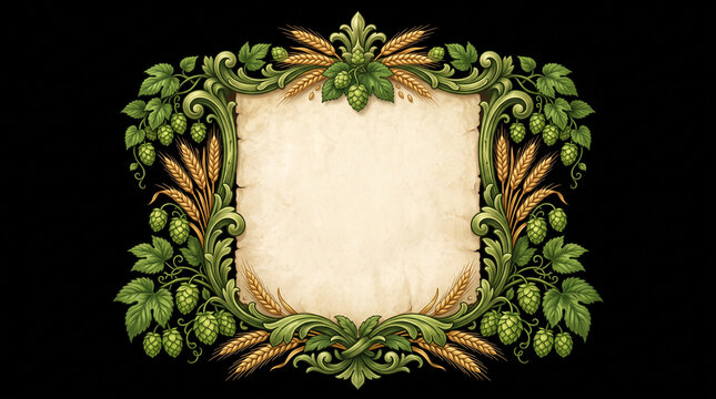 Ornate hop and wheat border on black.