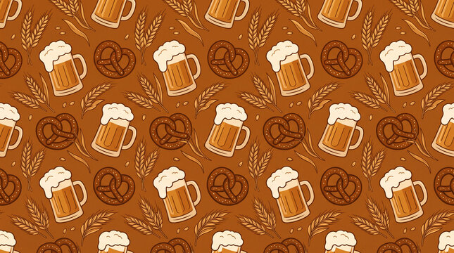 Seamless pattern featuring beer mugs and pretzels on brown background.