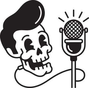 Retro skull character with pompadour hair singing into mic