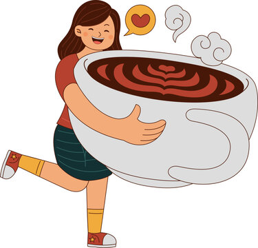 Happy Girl Hugging a Large Cup of Coffee