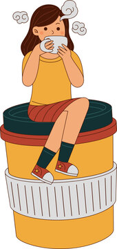 Illustration of Girl Sitting on Coffee Cup