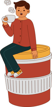 Illustration of Boy Drinking Coffee on a Cup