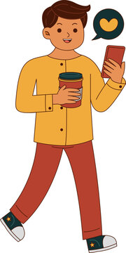 Illustrated Young Man With Coffee and Smartphone