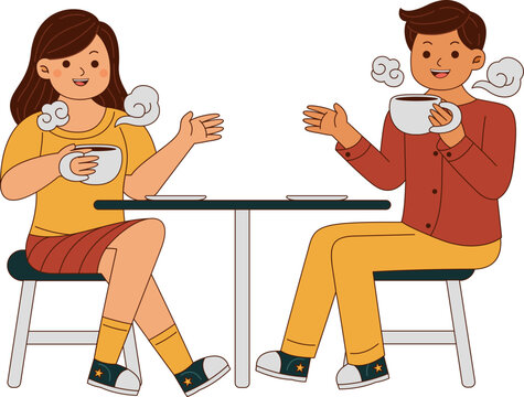 Illustrated Man and Woman Drinking Coffee