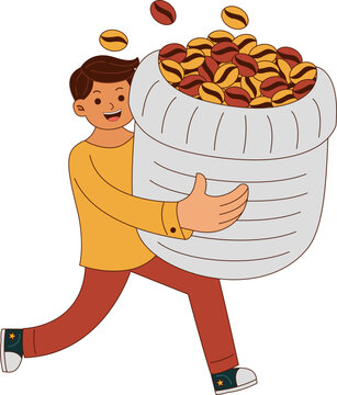 Illustration of Man Carrying Sack of Coffee Beans