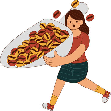 Woman Carrying Large Scoop of Coffee Beans