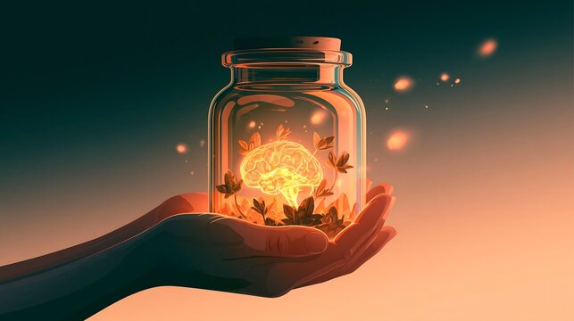 Hands holding glowing brain inside glass jar with autumn leaves for mental health, mindfulness, psychology, and emotional preservation concepts.