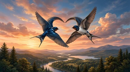 Fototapeta premium Heartwarming depiction of two swallows in flight, forming a heart shape against a vibrant sunset sky and scenic landscape