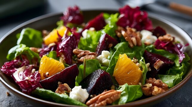 A vibrant salad with roasted beets  orange segments  walnuts  and fresh greens in a rustic bowl