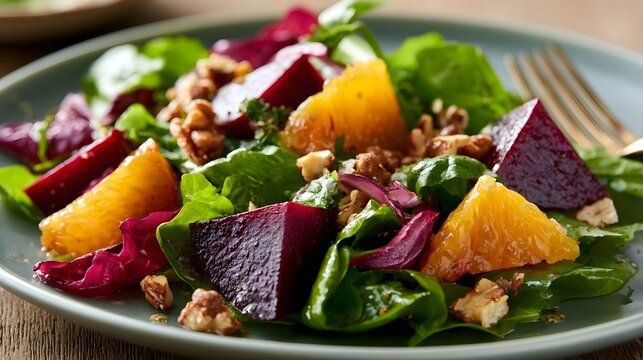 A vibrant salad with sliced beets  orange segments  and chopped nuts on a green plate with a fork
