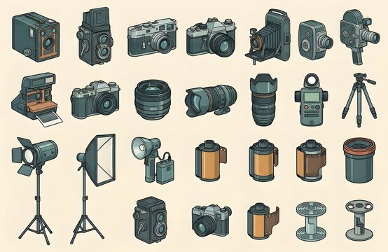 Vintage Photography Equipment Retro Cameras and Studio Lighting Flat Vector Icons Set