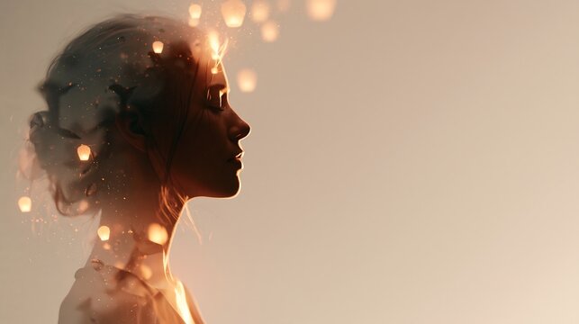 Double exposure profile silhouette of thoughtful woman with glowing floating lanterns and copy space for hope, mindfulness, and mental clarity concepts.