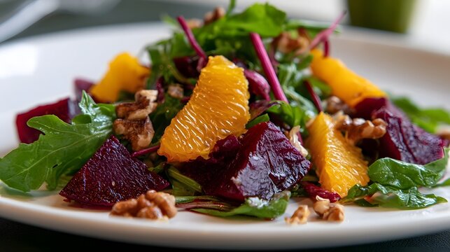 A vibrant salad featuring sliced beets  orange segments  and walnuts atop fresh greens on a white plate