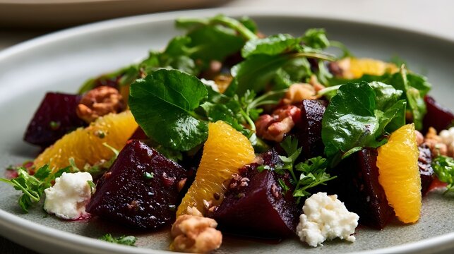 A vibrant salad featuring roasted beets  orange segments  fresh greens  walnuts  and crumbled cheese on a ceramic plate