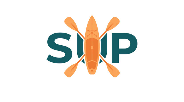 Vibrant orange stand up paddleboard graphic design featuring crossed oars and bold teal typography lettering