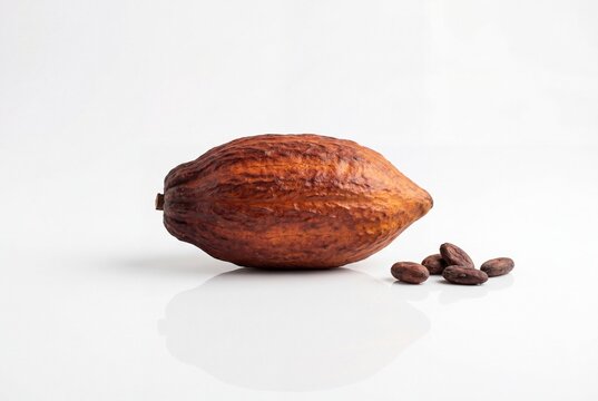 Single raw cocoa pod with dried cocoa beans on white