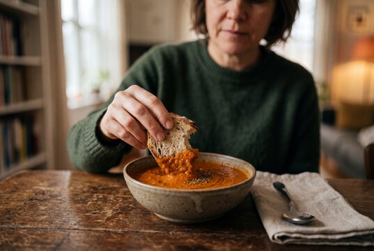 Person Dipping Crusty Bread into Tomato Soup in Cozy Home Dining Setting