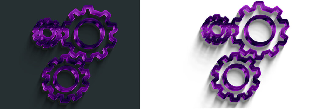 Purple gradient Glossy glowing settings shapes with shadow, 3d abstract liquid glass effect png transparent background.