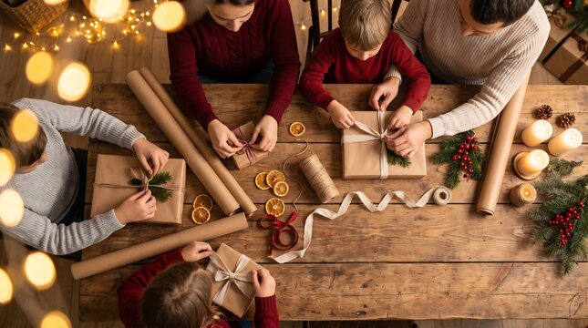 Family members sitting around a rustic wooden table wrapping christmas gifts with brown paper, dried orange slices, and green pine branches