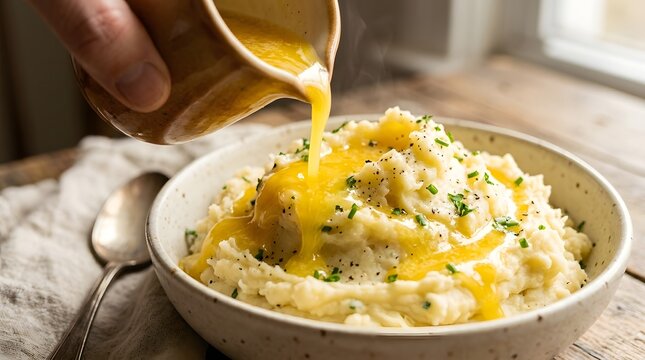 Rich melted butter being poured from brown pitcher over hot fluffy mashed potatoes in ceramic bowl.