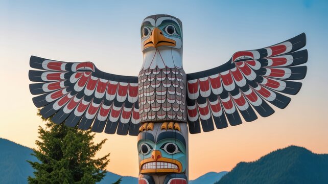 Indigenous Thunderbird totem pole against mountains at sunset.