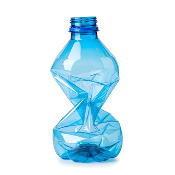 Crushed blue plastic bottle for recycling isolated on white surface.