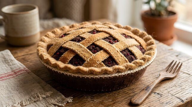 Rustic homemade lattice berry pie in a felted woolen design on a wooden table.