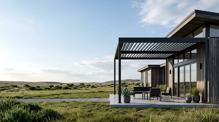 Fototapeta premium Charming Rural Cottage on a Green Hill Surrounded by Lush Fields Under a Bright Blue Sky, Peaceful Countryside Landscape and Summer Vacation Home