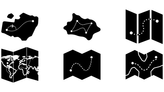 Dark navigation map icons showing folded world maps, route lines, location pins and travel path symbols on black background