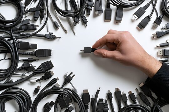 Hand w&auml;hlt den richtigen Stecker aus vielen Kabeln als Symbol f&uuml;r Verbindung und technische Probleml&ouml;sung