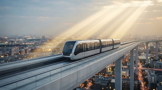 Modern monorail train traveling on an elevated track through a futuristic cityscape during sunrise with dramatic sun rays