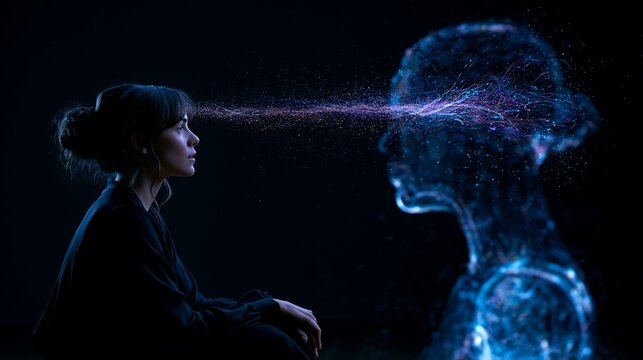 Woman sitting in dark room connecting minds with glowing holographic AI avatar for artificial intelligence, telepathy, and consciousness concepts.