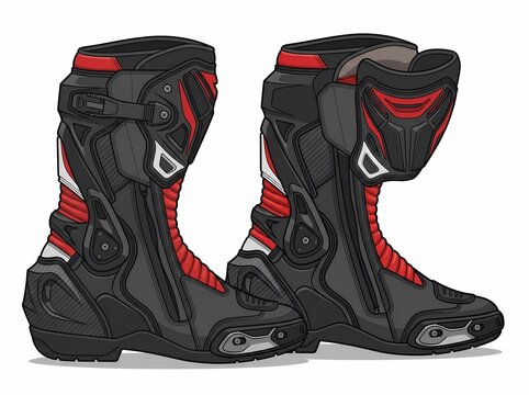 Protective Black and Red Motorcycle Riding Boots Illustration Vector