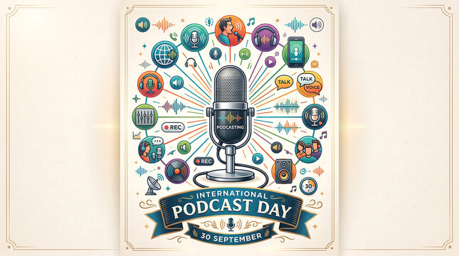 International podcast day artistic greeting card featuring illustrated microphone and media icons audio waves radio broadcast
