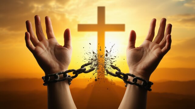Breaking chains of bondage near a cross at sunset