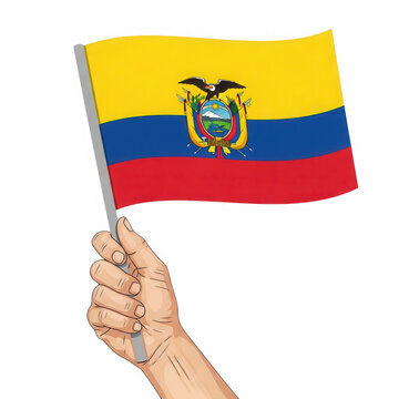 Hand holding the national flag of Ecuador isolated on transparent background