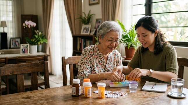 Elderly woman and caregiver organizing medication at home.
