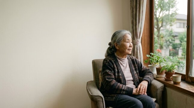 Elderly woman sitting by window in contemplation.