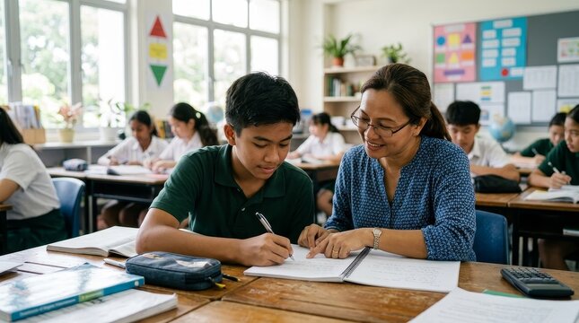 Teacher assisting student with homework in classroom.