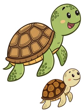 Two cute cartoon turtles walking together happily