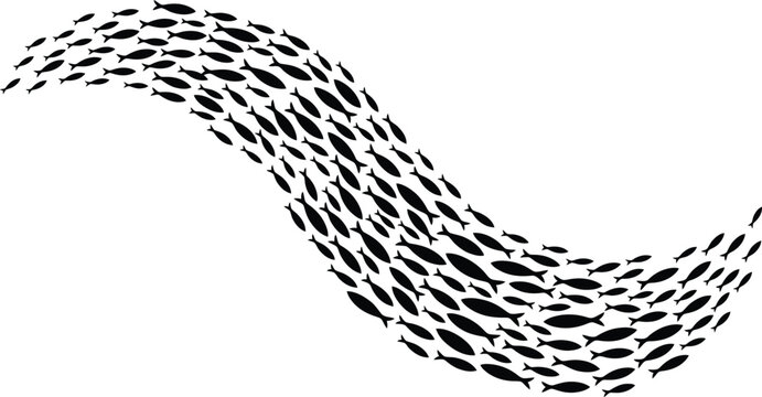 Minimalist school of fish silhouette, black aquatic animal swarm vector, ocean wildlife wave pattern for marine design
