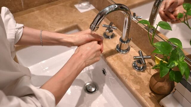 Woman thoroughly washing her hands under a running faucet in an elegant bathroom, focusing on personal hygiene, cleanliness, and health care routines, high-angle view