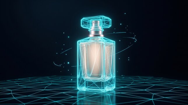 Futuristic perfume bottle with neon cyan wireframe, glowing digital fragrance glass, high-tech beauty product visualization on dark background