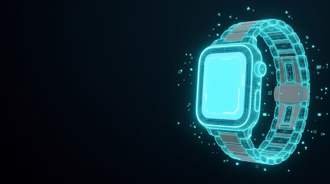 Futuristic smartwatch hologram on dark background. Digital glowing watch interface with neon blue lines. High-tech wearable device concept.