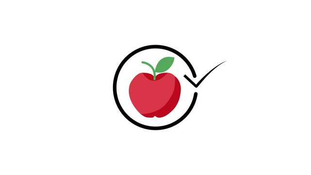 Red Apple Approved Checkmark Icon Animation on White Background for Quality Food Inspection Healthy Choice and Certified Organic Concept