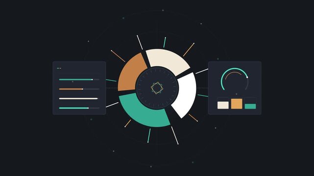 Animated HUD interface displaying circular data charts and analytics metrics